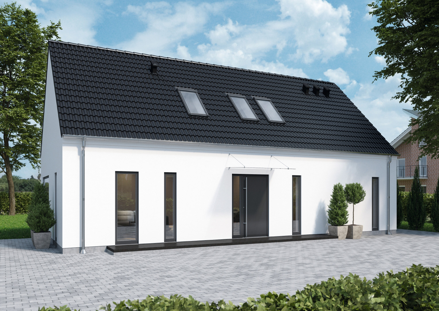 Moderne Haustür in elegantem Neubau mit klarer Architektur