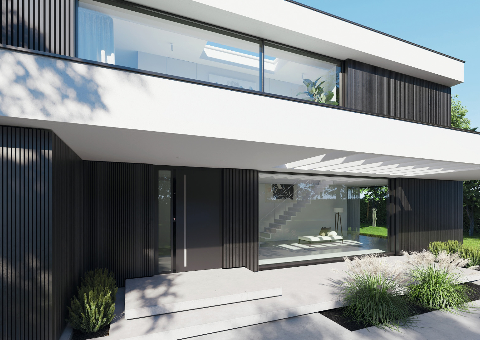 Einfamilienhaus mit Design-Haustür und großflächiger Fensterfront