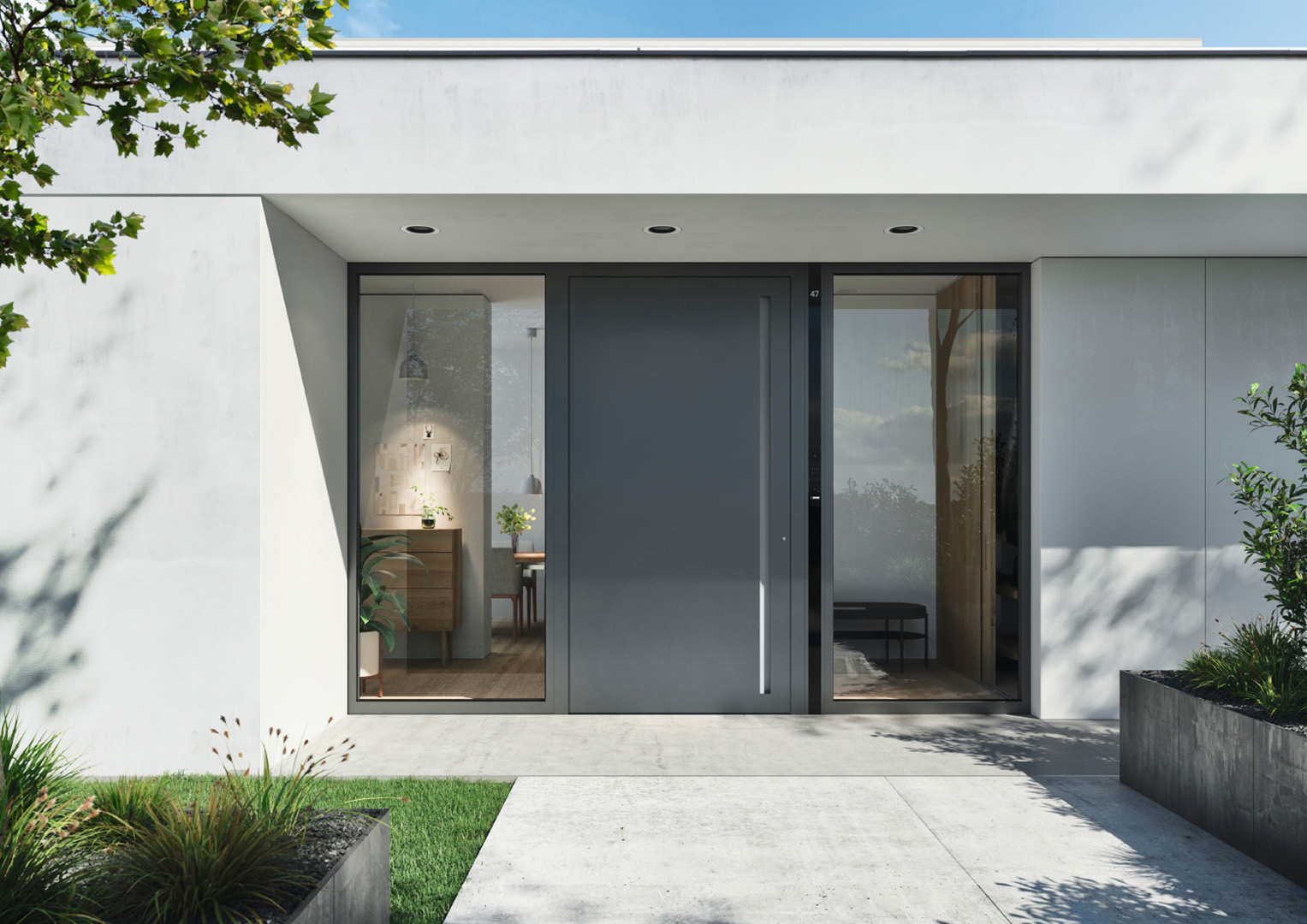 Flächenbündige Haustür in moderner Bungalow-Architektur mit Seitenteil