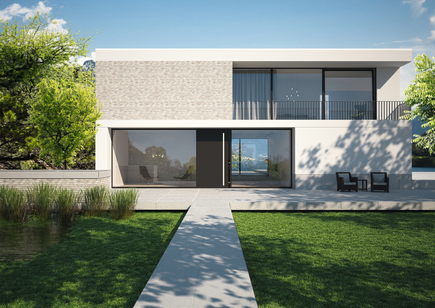 Haustür mit Seitenteil für minimalistische Bungalow-Architektur.