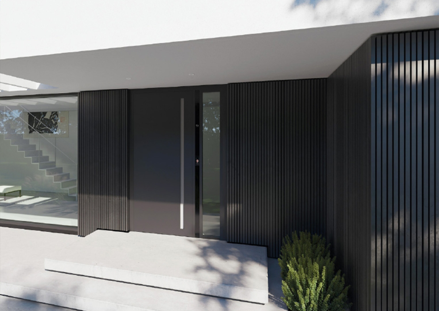 Flächenbündige Haustür in schwarzer Ausführung mit integrierter Griffleiste