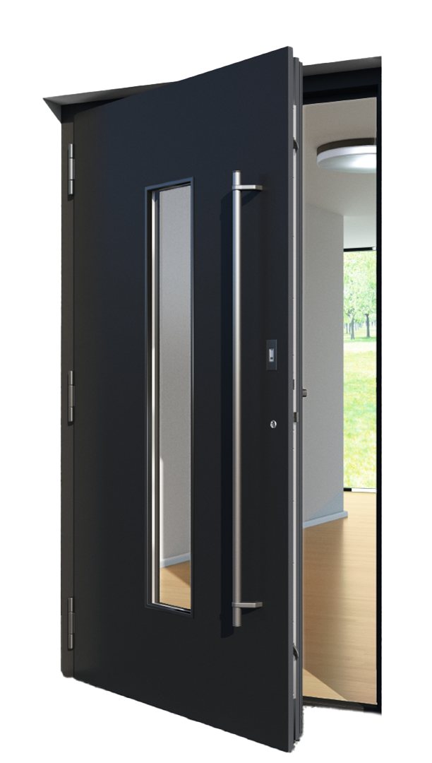 Geöffnete moderne Haustür in dunkler Farbe mit Glaseinsatz und Edelstahlgriff