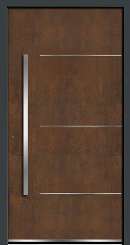 Exklusive Haustürfüllung in rostbrauner Optik mit horizontalen Edelstahl-Akzenten