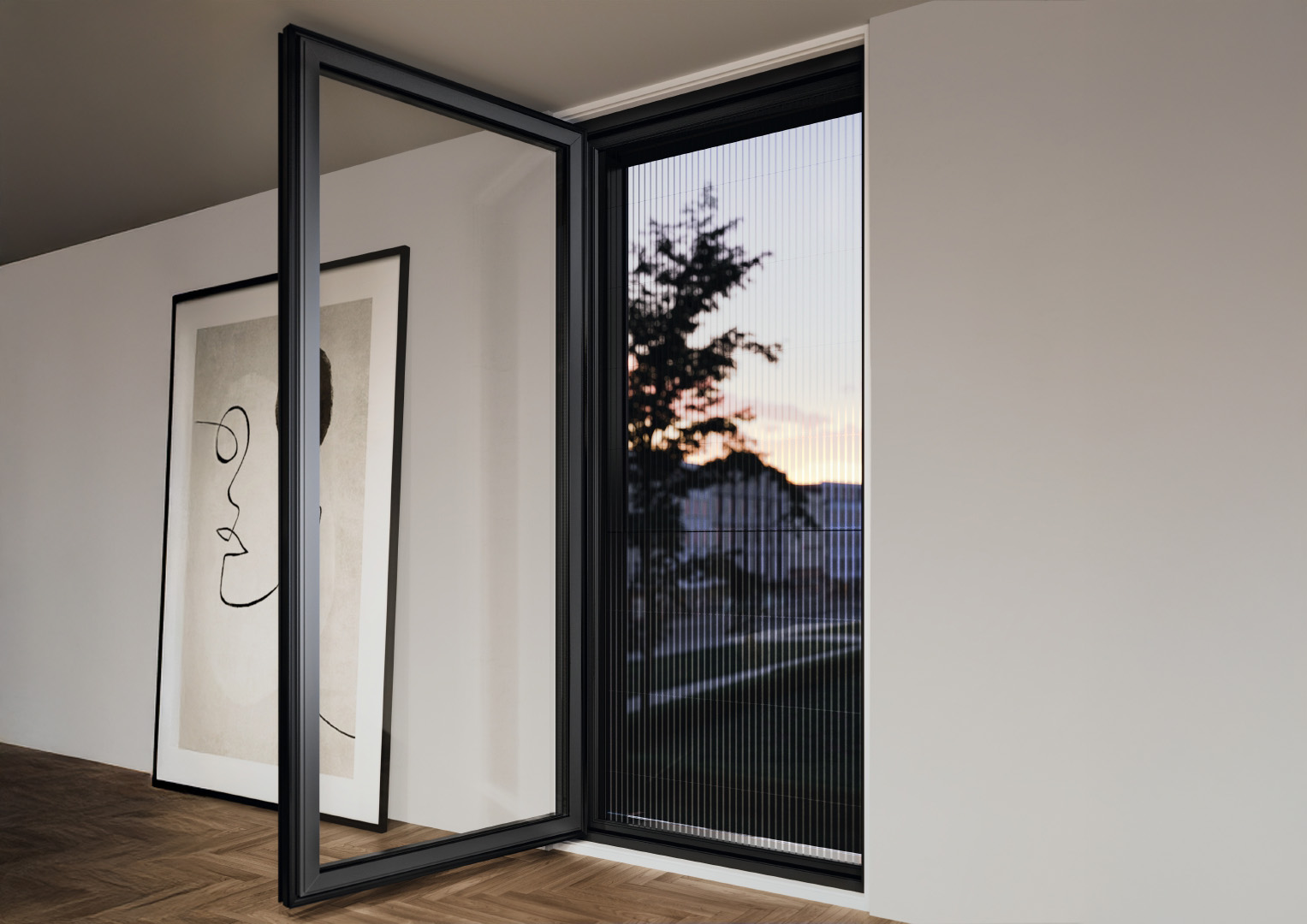 Schwarzer Plissee-Insektenschutz an geöffneter Tür im modernen Innenraum bei Sonnenuntergang