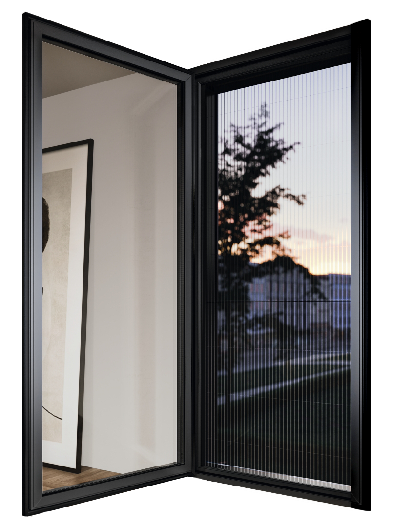 Insektenschutz-Plissee in schwarzem Rahmen vor geöffneter Tür bei Sonnenuntergang