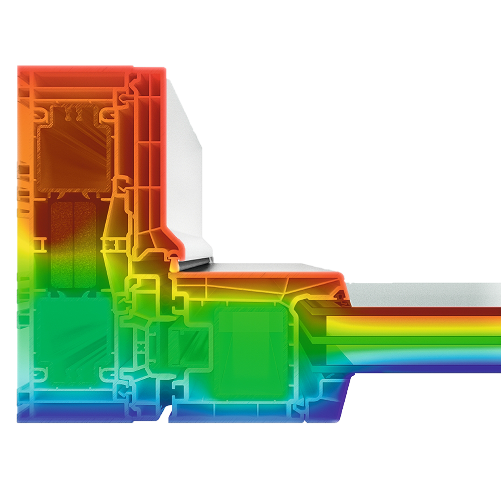Querschnitt eines wärmegedämmten Fensterprofils mit farbiger Thermografie