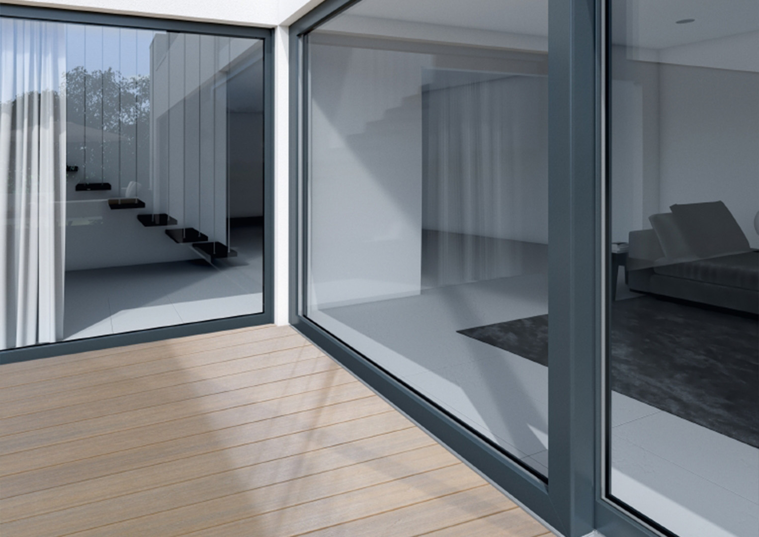 Hebe-Schiebetüren mit Eckverglasung und Flachdach