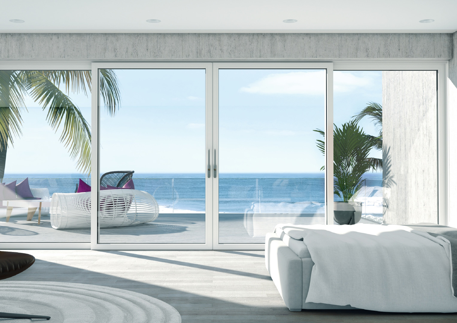 Hebe-Schiebetür in Weiß mit Ausblick aufs Meer