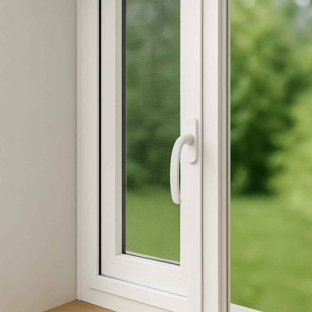 Weißer Spannrahmen mit Insektenschutzgitter in geschlossenem Fenster
