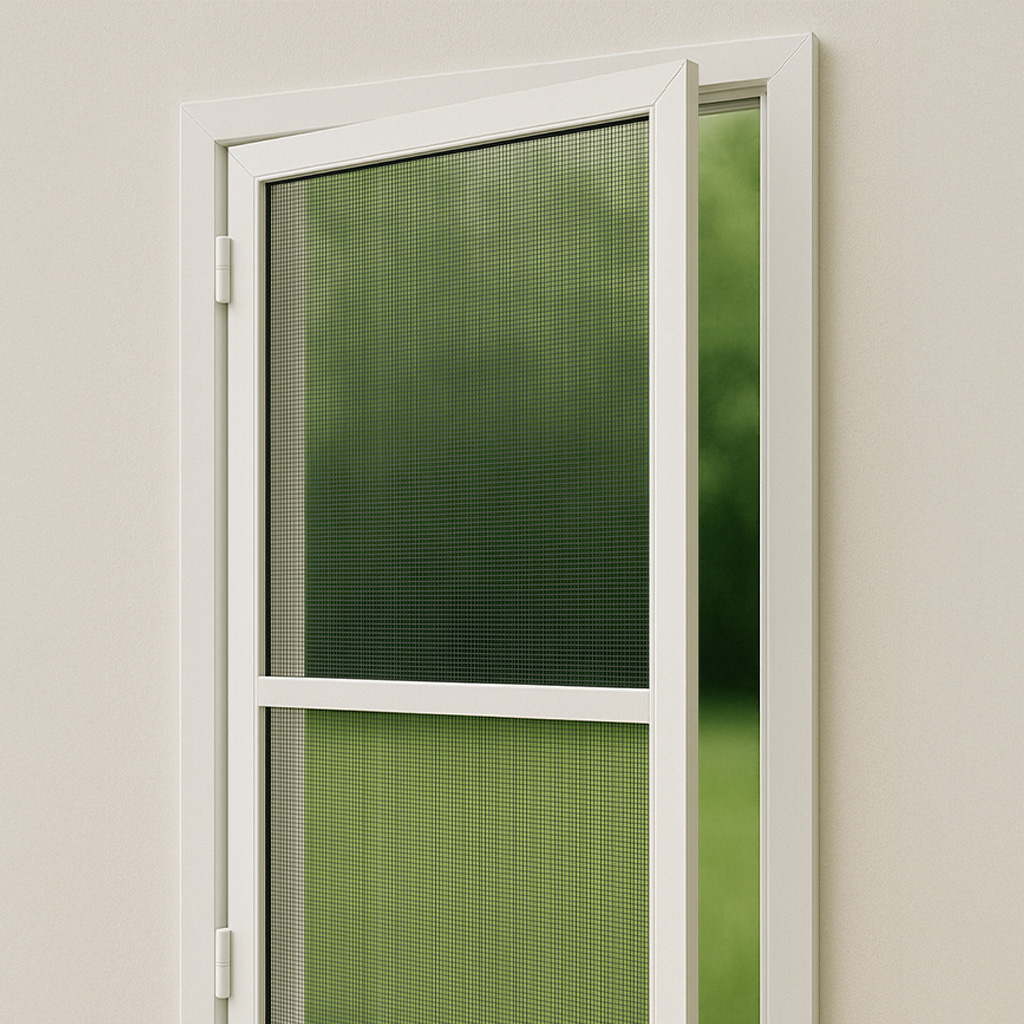 Weißer Drehrahmen-Insektenschutz an gekipptem Fenster