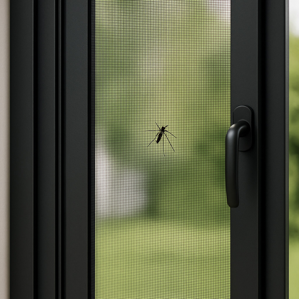 Mücke auf feinmaschigem Insektenschutzgitter vor grünem Hintergrund